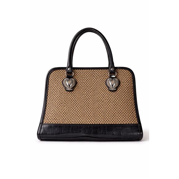 Marlo Handbags - Marlo Heart Hardware Woven Satchel Handbag Black Tan